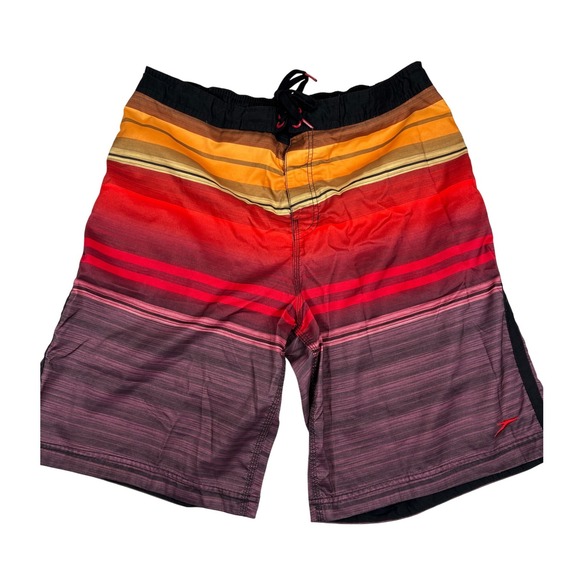 Speedo Swim Trunks Striped Drawstring Swim Shorts Red Orange Mens Size L - Picture 1 of 5